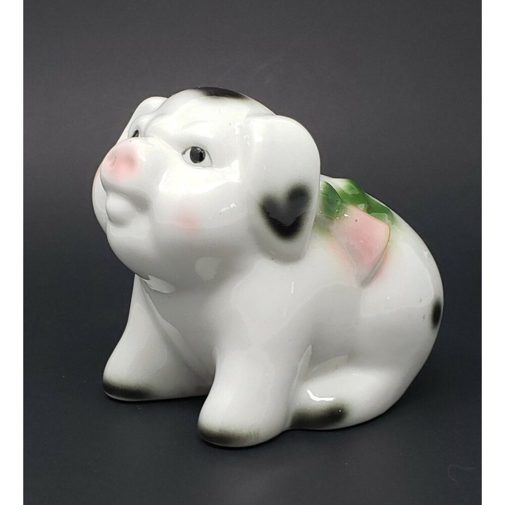 Ceramic Piggy Bank – White & Black Spotted Pig with Sunflower, 4"